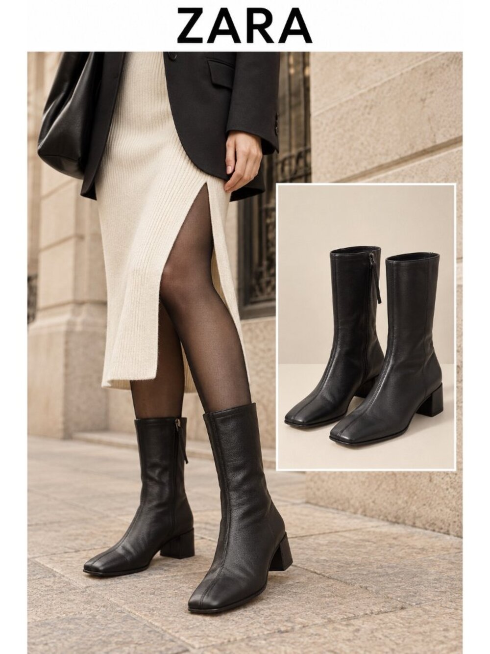 Zara Black Genuine Leather Square Toe Ankle Boots EU 37 Side Zip Block Heel